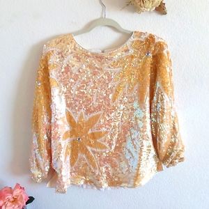 Burst of Yellow Dash of Pink Colorful Sequin Top Size: XL